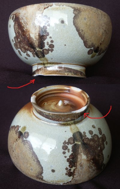 Wadding mistake on foot of anagama fired pottery